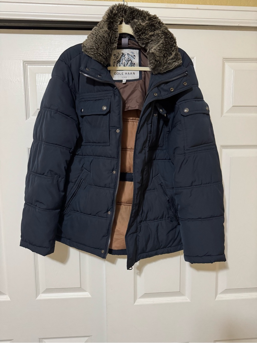 Cole Haan Men's Dark Blue Puffer Jacket with Faux Fur Collar